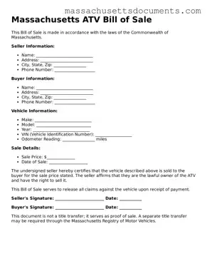 Valid  ATV Bill of Sale Form for Massachusetts