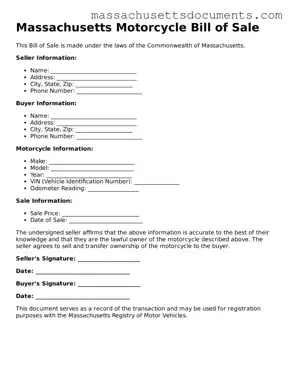 Valid  Motorcycle Bill of Sale Form for Massachusetts