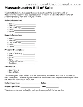 Valid  Bill of Sale Form for Massachusetts