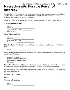 Valid  Durable Power of Attorney Form for Massachusetts