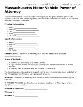 Valid  Motor Vehicle Power of Attorney Form for Massachusetts